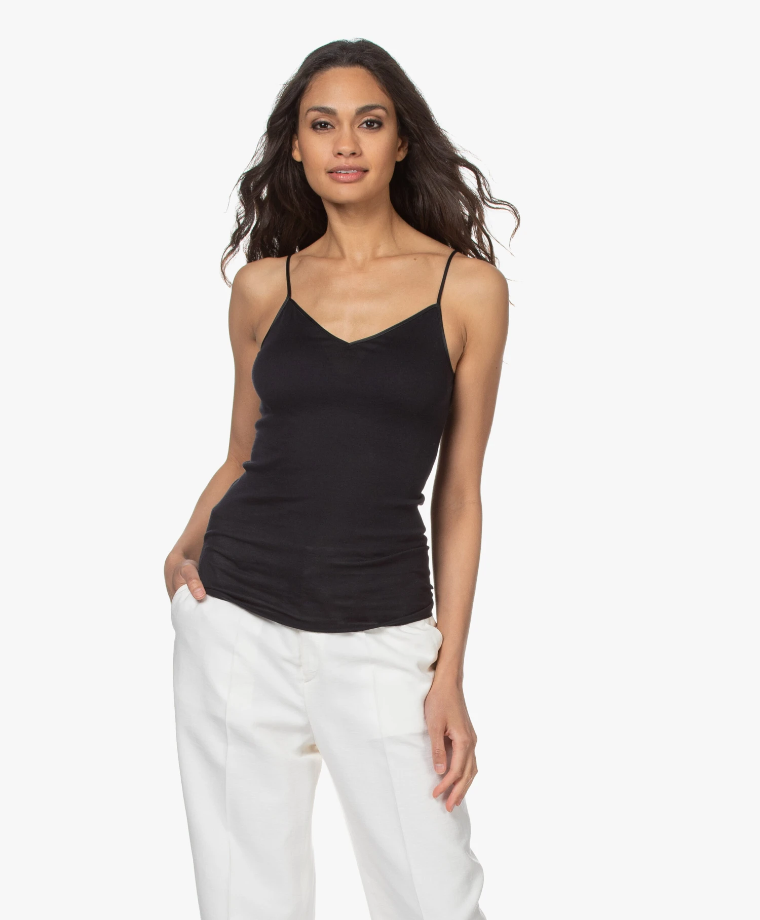 Hanro Cotton Seamless V-Hals Spaghetti Top - Zwart 3 Hanro Cotton Seamless V-Hals Spaghetti Top - Zwart