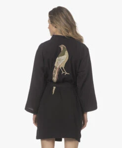 Hammam34 The Pheasant Geborduurde Katoenen Kimono - Zwart